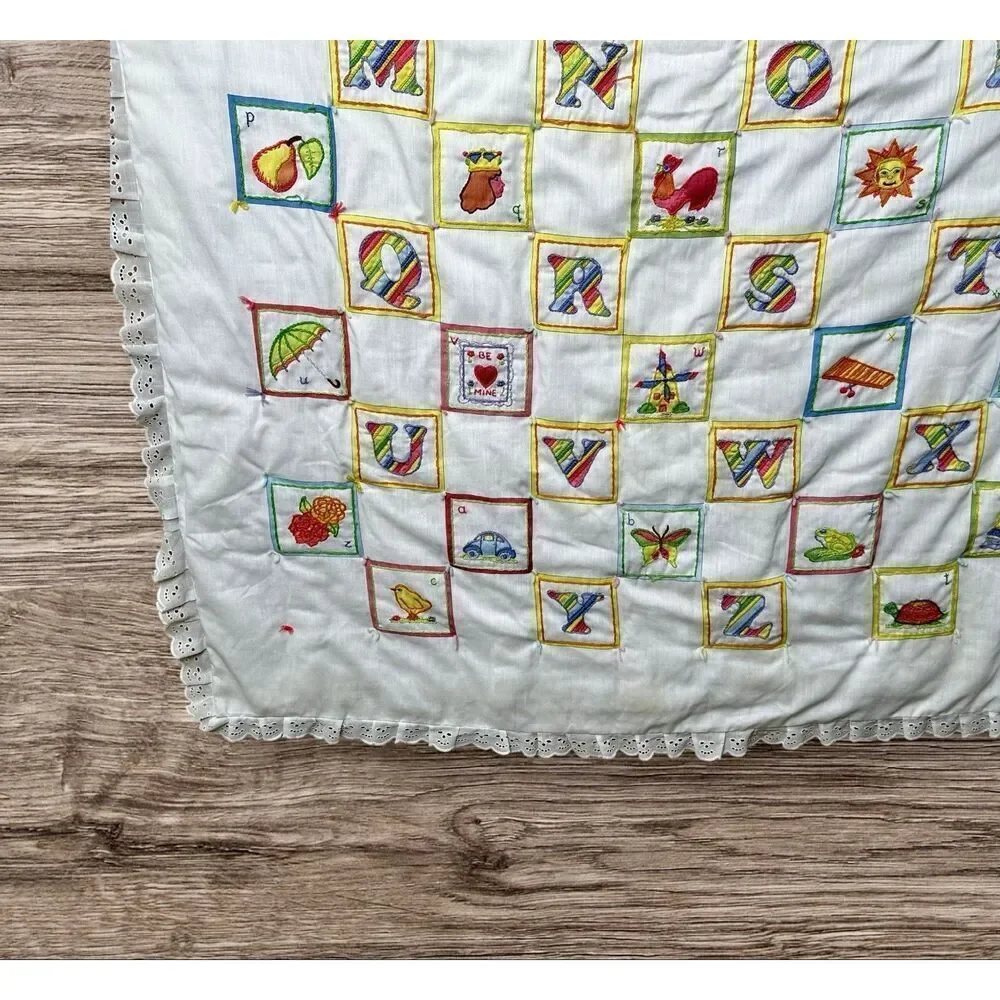 Vintage Hand Embroidered Blanket Baby Blanket Wall Decor Alphabet Patch Work